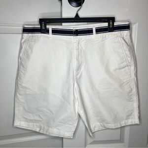 Vintage Lacoste White Chino Shorts Navy Blue Band Mens Size US 34 x 8" Inseam